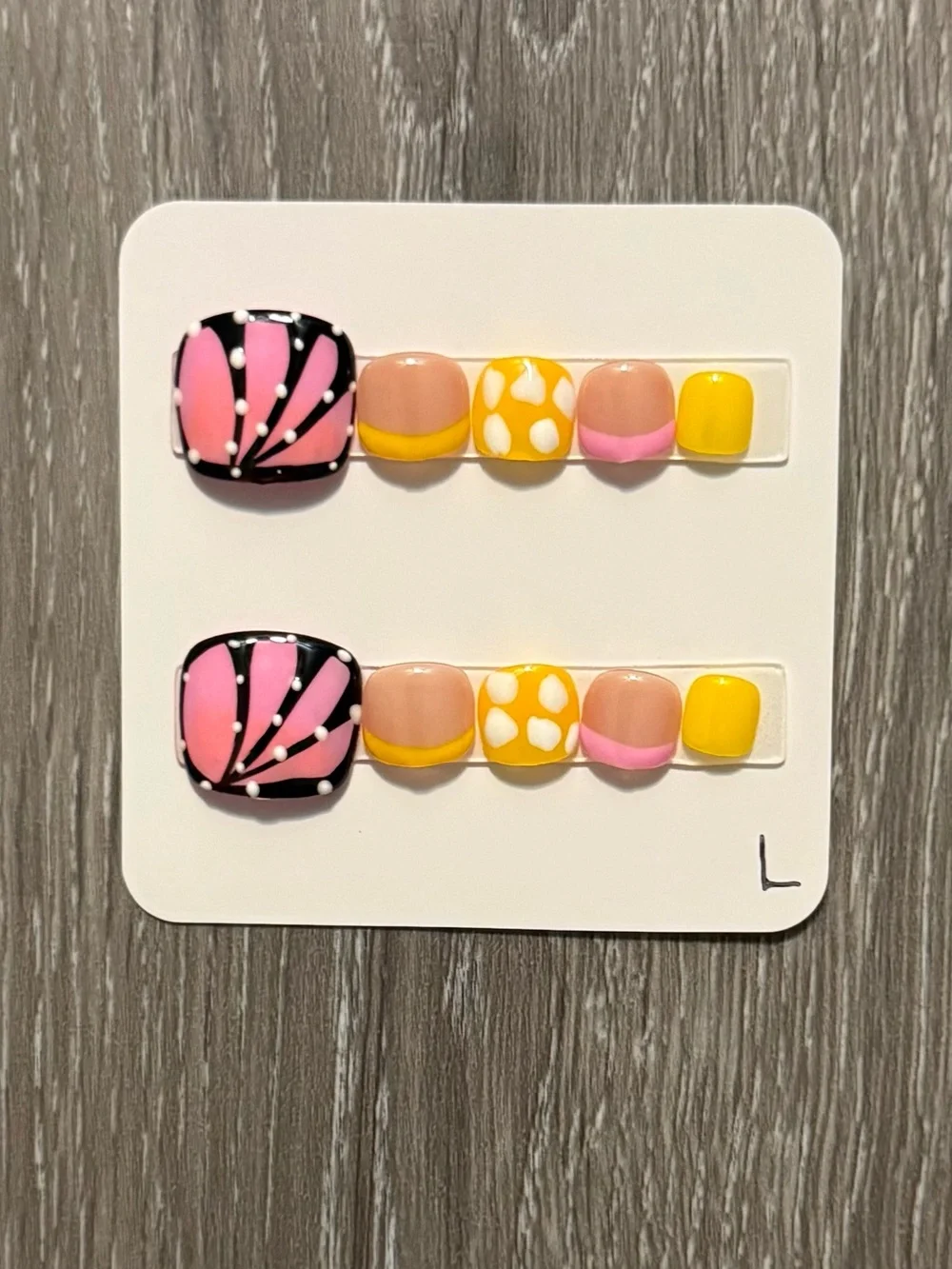 Summer Pink & Yellow Press-On Toe Nails with Polka Accent